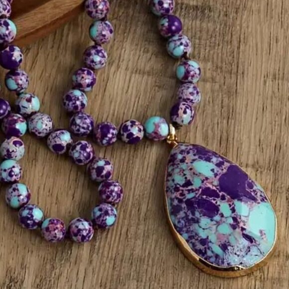*RARE* MOHAVE KINGMAN PURPLE TURQUOISE SPECK 8MM STONE TEARDROP NECKLACE F - Picture 2 of 5